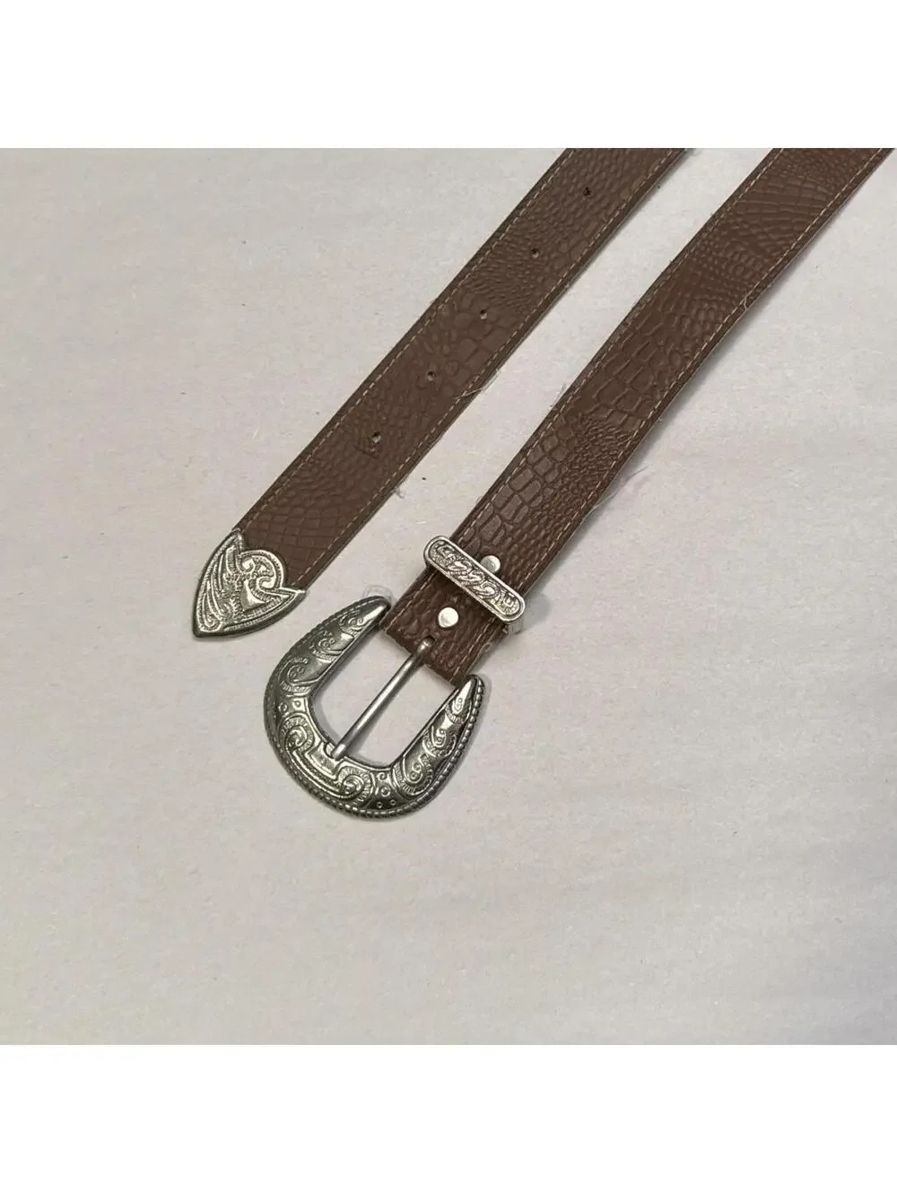 Vintage Y2K Western Faux‎ Croc Belt Ornate Silver Buckle fits like XS